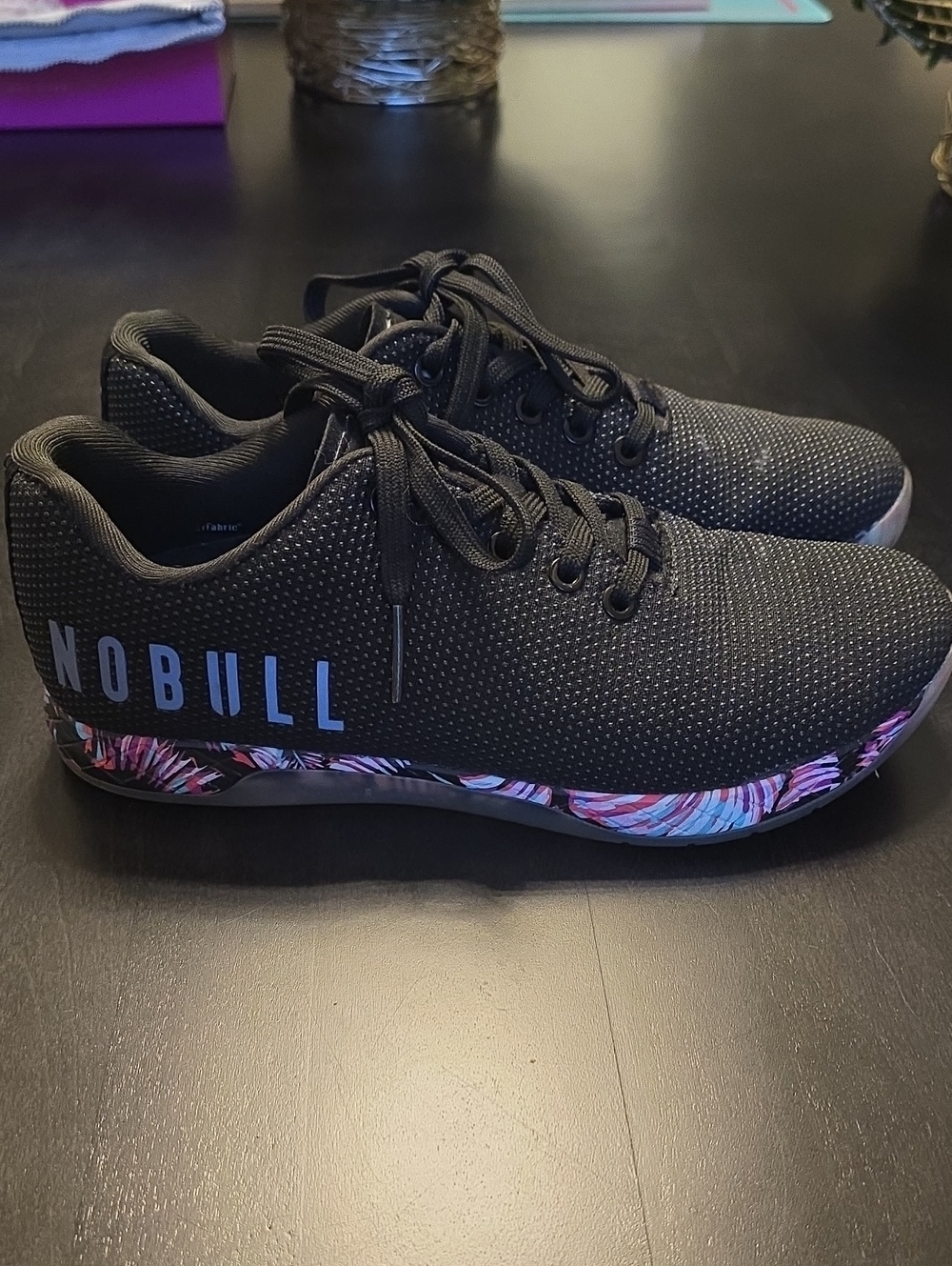NOBULL Black Knit Trainer with Pink Floral-Patterned Midsole